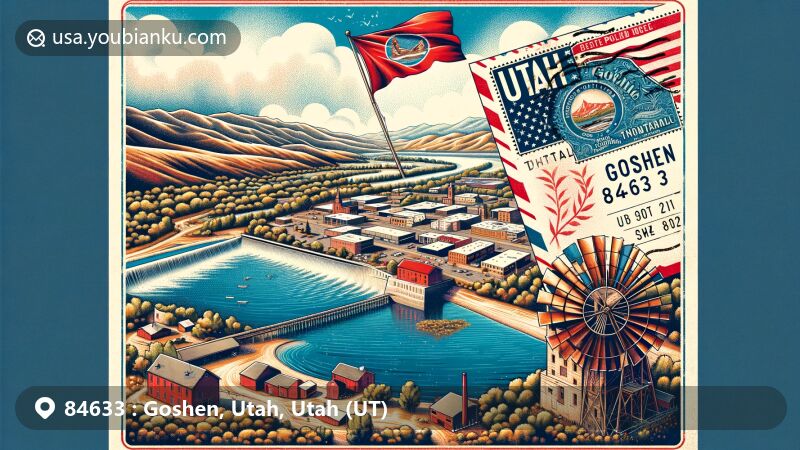 Modern illustration of Goshen, Utah, focusing on ZIP code 84633, blending postal and local landmarks with Utah state flag, Goshen Reservoir, Tintic Standard Reduction Mill ruins, and antique postal elements.