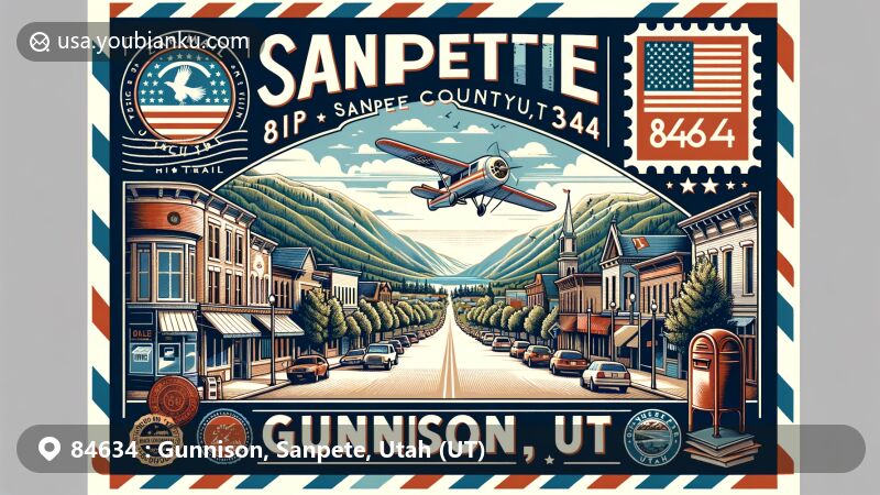 Modern illustration of Gunnison, Sanpete County, Utah, featuring vintage air mail envelope with ZIP code 84634, showcasing Main Street and scenic Wasatch Plateau, San Pitch Mountains in background.