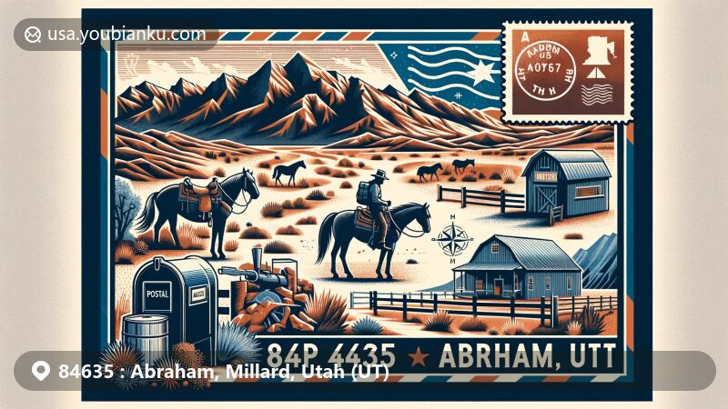 Modern illustration of Abraham, Millard County, Utah, showcasing postal theme with ZIP code 84635, featuring Pahvant Mountains, desert landscapes, and outdoor activities like hiking and rock climbing.
