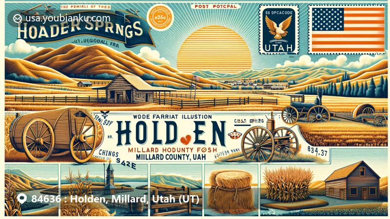 Modern illustration of Holden, Millard County, Utah, showcasing postal theme with ZIP code 84636, featuring Cedar Springs Fort and agricultural elements.