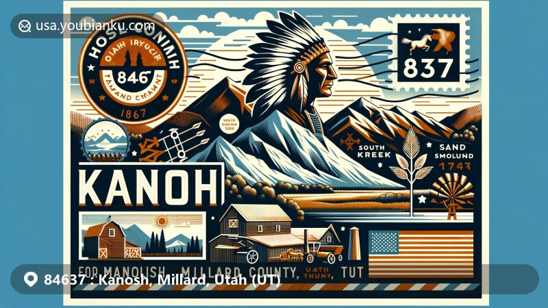 Modern illustration of Kanosh, Millard County, Utah, highlighting the unique features of the area with elements like Pahvant Mountain range, Chief Kanosh, farming symbols, and outdoor recreational activities.