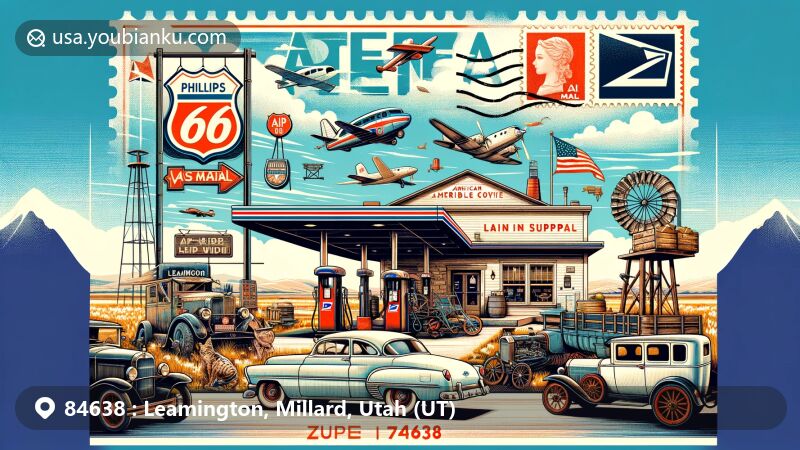 Modern illustration of Leamington, Utah, featuring ZIP code 84638, showcasing iconic 1960s-style Phillips 66 gas station, vintage farm implements, American Linen Supply Company delivery van, air mail envelope, stamp, and Utah's natural landscape.