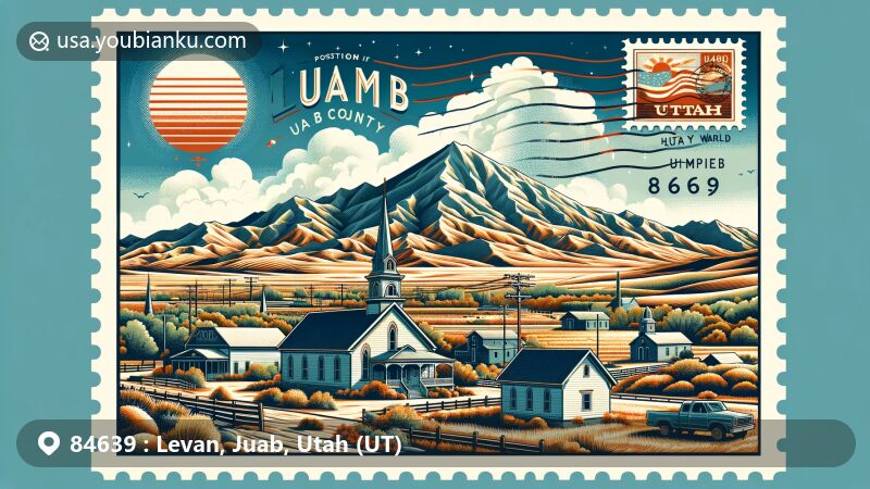 Modern illustration of Levan, Juab County, Utah, with ZIP code 84639, portraying natural beauty at the base of the San Pitch Mountains, featuring arid lands and climatic extremes, incorporating symbols of Juab County like Tintic mining elements and Eureka LDS Ward Meetinghouse.