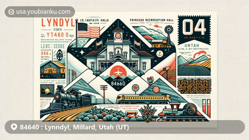 Modern illustration of Lynndyl, Utah, showcasing postal theme with ZIP code 84640, featuring The Princess Recreation Hall/Lynndyl LDS Meetinghouse, railroad and agricultural history, and Utah state flag.