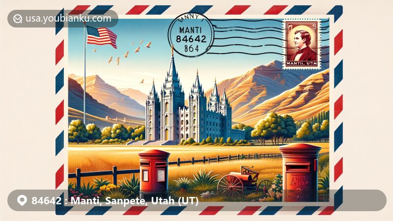 Modern illustration of Manti, Utah, showcasing pioneer heritage and natural beauty, featuring Manti Temple against Sanpete Valley backdrop, framed in airmail envelope with ZIP code 84642 and Utah state flag elements.