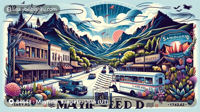 Modern illustration of Mayfield, Sanpete County, Utah, depicting postal theme with ZIP code 84643, featuring stamps, postmark, and mail truck, set against backdrop of mountains and landscapes, highlighting town's charm and cultural elements.