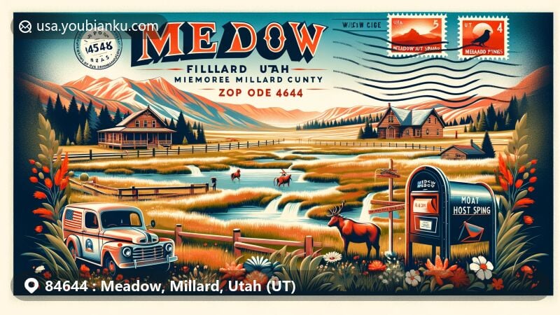 Modern illustration of Meadow, Utah, showcasing Meadow Hot Springs and postal theme with ZIP code 84644, framed by scenic rural landscapes and Utah's natural beauty.