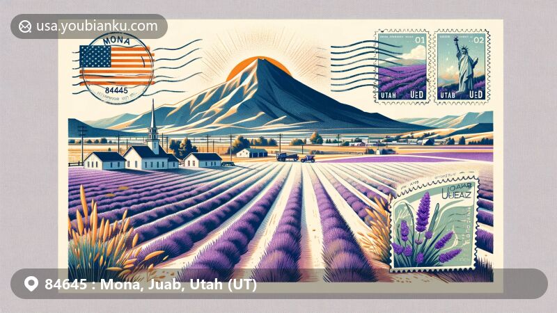 Modern illustration of Mona, Juab County, Utah, showcasing lavender fields and majestic Mount Nebo in background, symbolizing natural beauty and agricultural importance. Features creative postcard capturing essence of Mona with city layout sketch, Juab County outline, and Utah state flag. Includes artistic stamp displaying lavender fields and 'Mona, UT 84645' postmark.