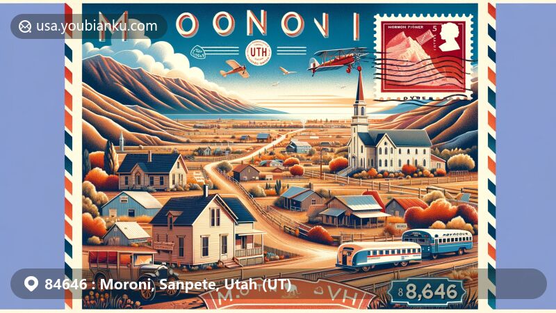 Modern illustration showcasing Moroni, Utah, ZIP code 84646, featuring panoramic view of warm summers and cold winters, Mormon pioneer history, and cultural symbols like Mormon Pioneer National Heritage Area.