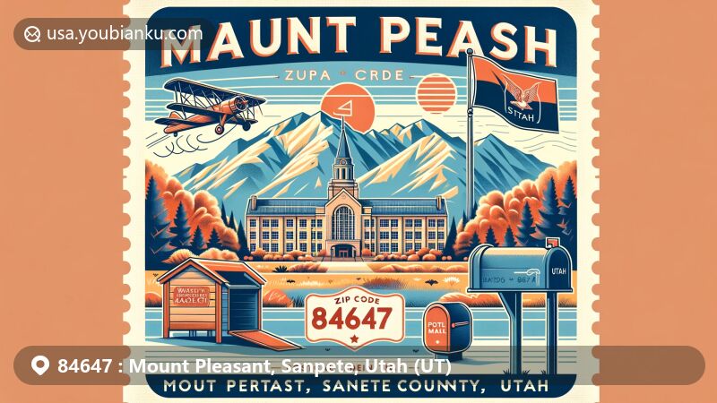 Modern illustration of Mount Pleasant, Sanpete County, Utah, showcasing postal theme with ZIP code 84647, featuring Wasatch Academy and Utah state symbols.