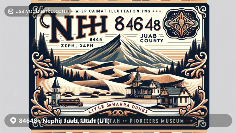 Modern illustration of Nephi, Juab County, Utah, featuring Mount Nebo, Little Sahara Sand Dunes, Daughters of Utah Pioneers Museum, and Utah state symbols, highlighting the area's natural beauty, historical culture, and local characteristics.