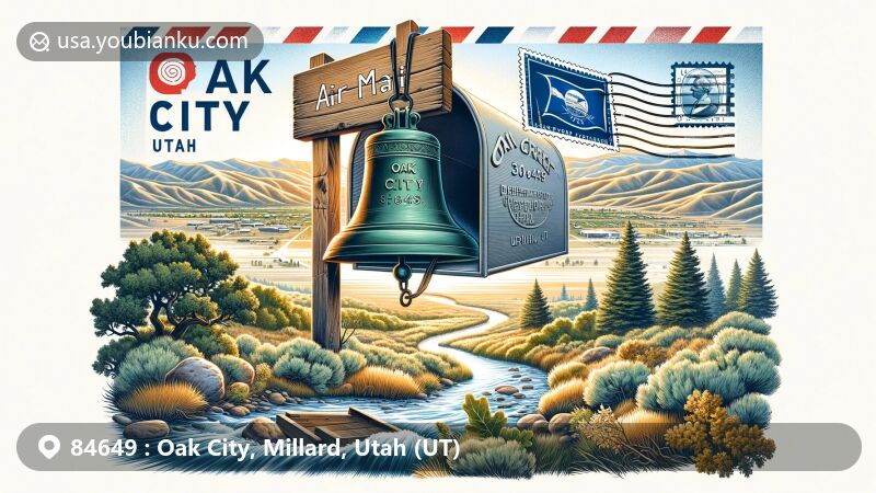 Modern depiction of Oak City, Utah, with postal theme featuring air mail envelope addressed to ZIP code 84649, adorned with Utah state flag stamp, highlighting Oak City landmarks: Oak Creek, scrub oak, sagebrush, and historic 300-pound bell.