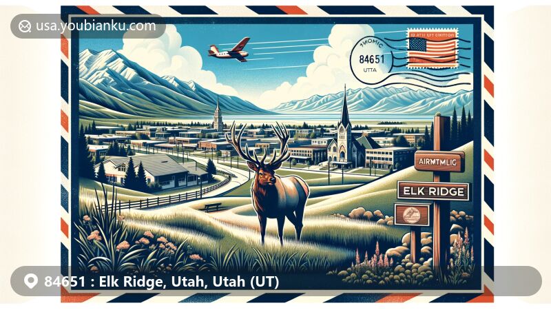 Modern illustration of Elk Ridge, Utah, featuring panoramic view with Elk representation, Utah state flag, ZIP code 84651, and subtle Gladstan Golf Course reference.