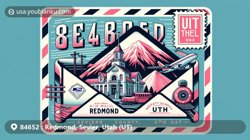 Modern illustration of Redmond, Sevier County, Utah, featuring air mail envelope with ZIP code 84652, highlighting pink rock salt, Redmond Town Hall, Utah state flag, and Sevier County outline.