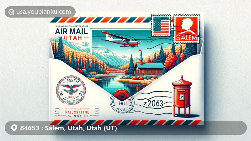 Serene illustration of Salem Pond, Salem, Utah, with ZIP code 84653, presented in an air mail envelope, showcasing Utah state flag stamp, 2024 postmark, and red mailbox.