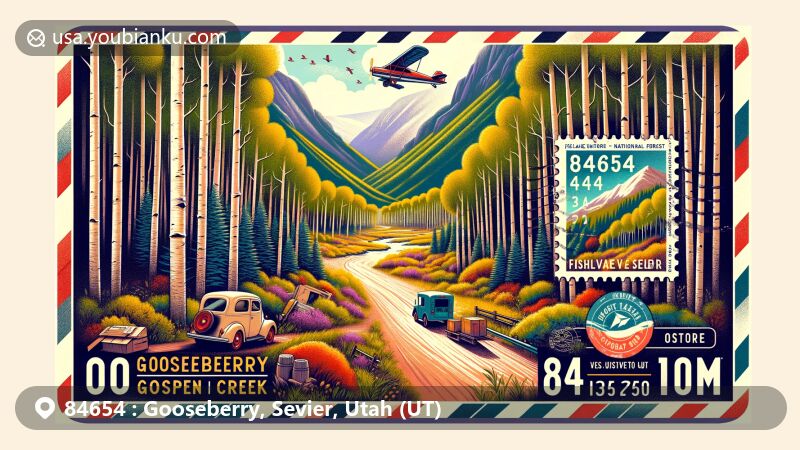 Vibrant illustration of Gooseberry, Sevier, Utah, portraying Gooseberry Valley, Creek, and aspen forests in autumn, with outdoor activities in Fishlake National Forest. Vintage airmail envelope with ZIP code 84654, postal stamp, and 'Gooseberry, Sevier, Utah' mark.