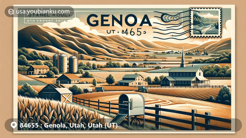 Modern illustration of Genola, Utah, ZIP Code 84655, showcasing small-town charm, rolling hills, agriculture, and historic elements like Townsend rock quarry and LDS Church, with vintage postal elements reflecting Genola's history and community.