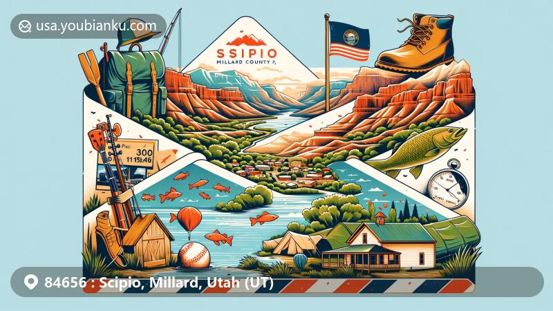 Modern illustration of Scipio, Utah, showcasing tight-knit community and natural beauty in canyon country, featuring outdoor activities like hiking, camping, and fishing, with a postal theme including ZIP code 84656 and symbols of Utah's rich history.