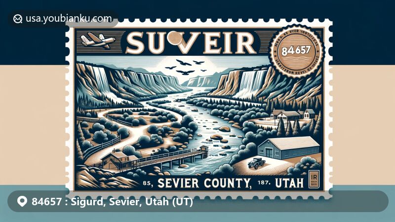 Modern illustration of Sigurd, Sevier County, Utah, showcasing scenic landscape with Sevier River, highlighting natural beauty and small town charm, featuring Rocky Ford Reservoir and historic elements.
