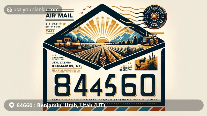 Modern illustration of Benjamin, Utah, showcasing rural and agricultural heritage, founding history, and natural beauty with vintage airmail envelope design and ZIP code 84660.