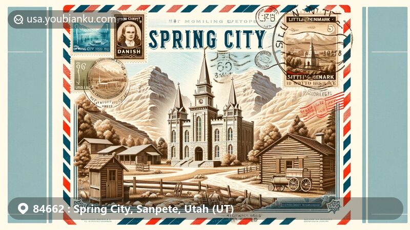 Vintage-style illustration of Spring City, Utah, showcasing historic LDS meetinghouse, Danish heritage, pioneer-era buildings, and Wasatch Plateau, enveloped in air mail theme with postal code 84662.