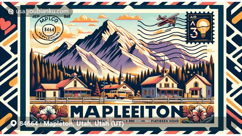 Modern illustration of Mapleton, Utah, showcasing ZIP code 84664 and featuring Spanish Fork Peak, Mapleton Heritage Museum in Roswell D. Bird pioneer home, and scenic Wasatch Mountains.