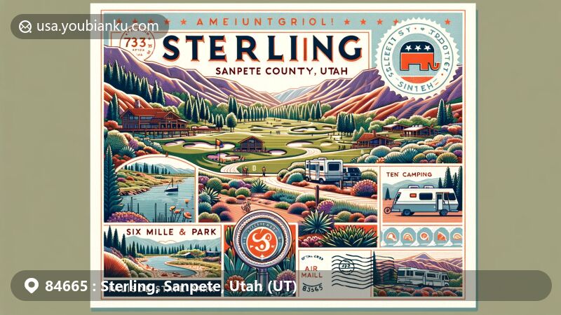 Modern illustration of Sterling, Sanpete County, Utah, featuring Palisade State Park with golf course, camping amenities, Six Mile Canyon, and Utah state symbols.