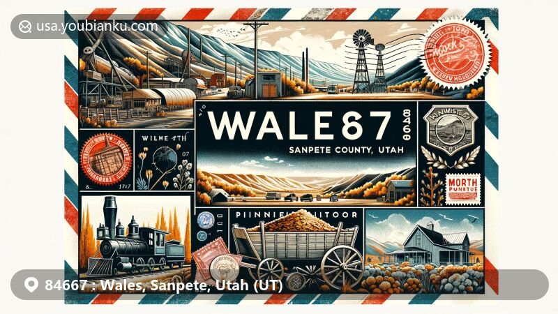 Modern illustration of Wales, Sanpete County, Utah, showcasing postal theme with ZIP code 84667, featuring vintage postcard design with stamps, postmarks, mining heritage, San Pitch Mountains, Mormon Pioneer elements, and Utah flora.