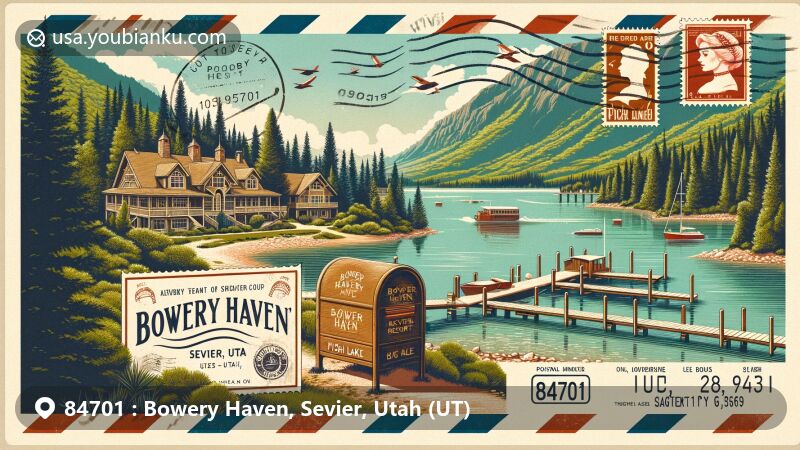 Creative illustration of Bowery Haven, Sevier, Utah (UT), capturing the scenic Fish Lake and Bowery Haven Resort, presented in a modern style with postal references like stamps and a postmark.