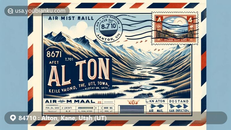 Modern illustration of Alton, Utah, showcasing air mail envelope design, featuring ZIP code 84710 and elevation at 7,041 feet, inspired by Norwegian fjord town, Alton's landscape in northwest Kane County, 'Alton Amphitheater', Kanab Creek, vintage stamp with Utah state flag, Alton postmark, and air mail border stripes.