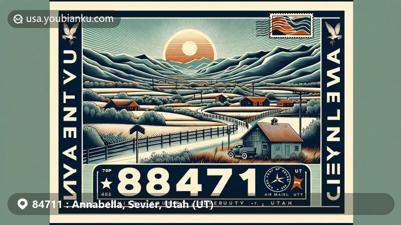 Modern illustration of Annabella, Sevier County, Utah, depicting rural landscape and postal theme with ZIP code 84711, integrating town's agriculture and Utah state symbols.