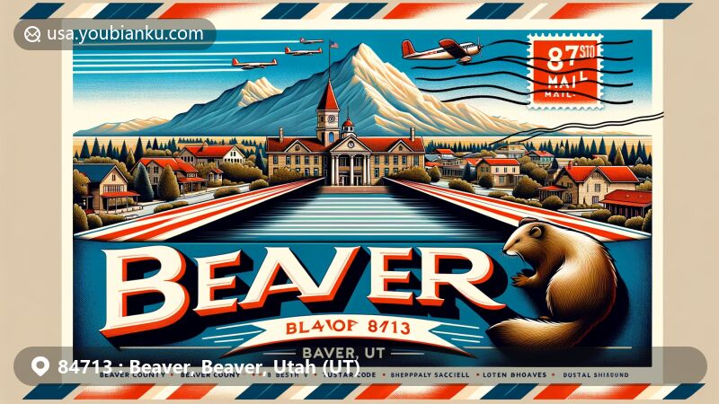 Modern illustration of Beaver, Utah, capturing its iconic architecture and natural beauty, including the Courthouse, Relief Society Meetinghouse, and stone houses against the backdrop of Tushar Mountains under a clear blue sky, with a vintage airmail envelope design at the bottom featuring a postage stamp with the hillside letter B and the ZIP code 84713.