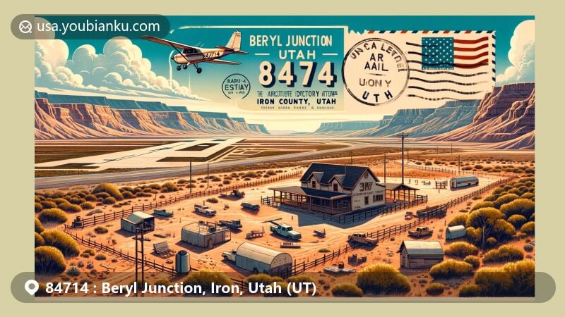 Modern illustration of Beryl Junction, Utah, featuring ZIP code 84714, showcasing local geography, culture, and postal elements against the backdrop of Iron County and the Escalante Desert.