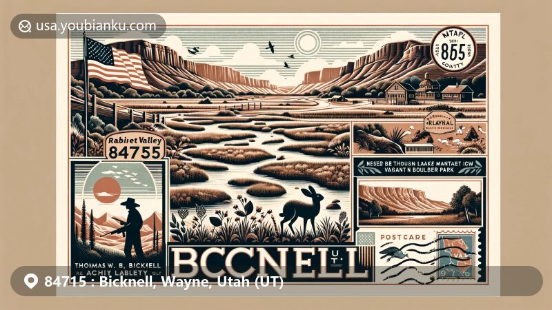 Modern illustration of Bicknell, Utah, showcasing scenic beauty and landmarks including Fremont River, Rabbit Valley, Thousand Lake Mountain, Boulder Mountain, and Capitol Reef National Park.