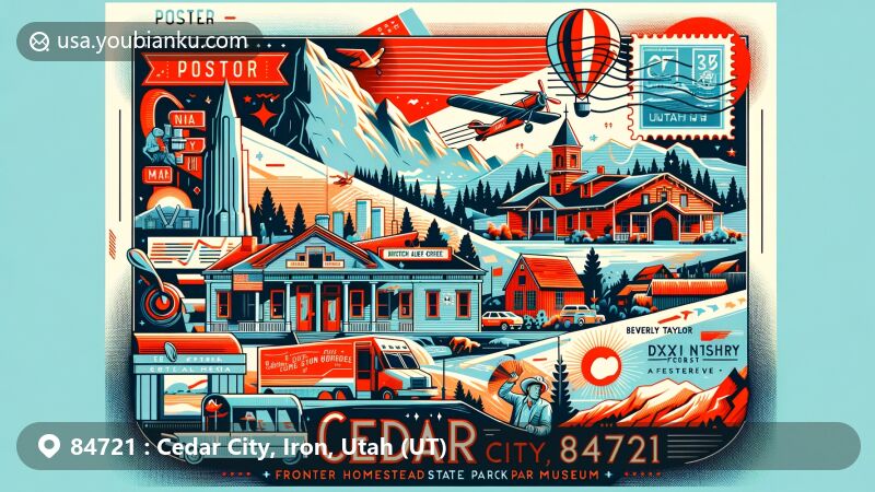 Modern illustration of Cedar City, Utah, highlighting ZIP code 84721 with a blend of cultural and natural landmarks, featuring Frontier Homestead State Park Museum, Beverley Taylor Sorenson Center for the Arts, and Dixie National Forest.