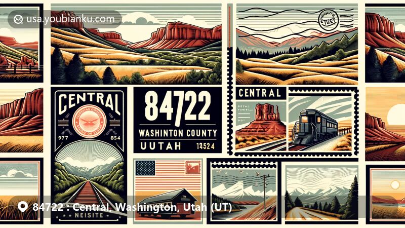 Modern illustration of Central, Washington County, Utah, featuring countryside scene with rolling hills, mountain ranges, and lush grasslands, highlighting outdoor activities like hiking, cycling, and camping.