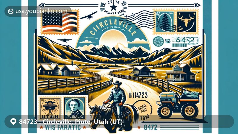Modern illustration of Circleville, Piute County, Utah, featuring Paiute ATV Trail, Piute State Park, and postal elements with ZIP code 84723. Includes nods to Butch Cassidy and Utah state symbols.