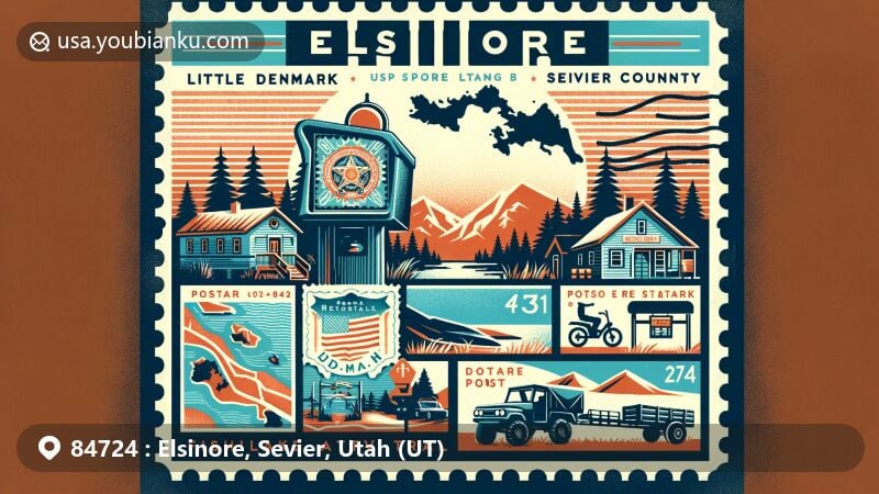 Modern illustration of Elsinore, Utah, blending postal elements with regional charm, featuring Fishlake National Forest and Paiute ATV Trail.