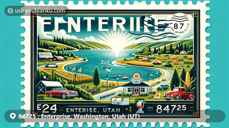 Modern illustration of Enterprise, Utah, showcasing the Enterprise Reservoir, vintage car show, and cornfest celebration, with a cheerful atmosphere and postal theme.