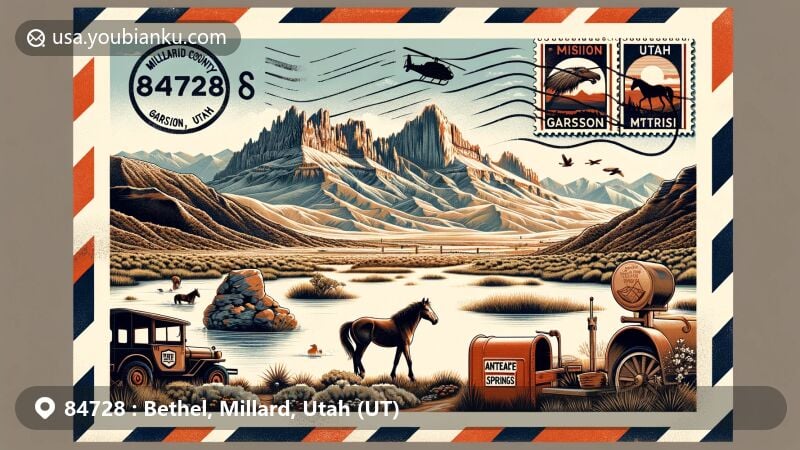 Modern illustration of Garrison, Millard County, Utah, showcasing ZIP code 84728, featuring wild horses, Notch Peak, and recreational activities like rock climbing and ATV trails.