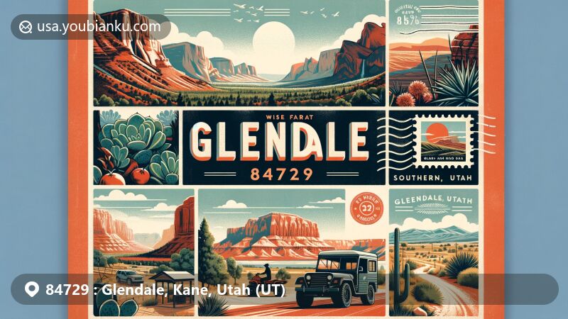 Modern illustration of Glendale, Kane County, Utah, featuring red-rock mountains, desert landscapes, outdoor adventure activities, and proximity to Zion and Bryce Canyon National Parks.