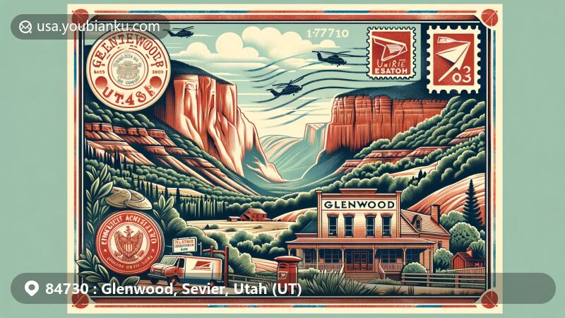 Modern illustration of Glenwood, Utah, displaying natural beauty and historical elements with postal motifs, featuring Grand Staircase-Escalante National Monument, Glenwood Coop Store, and United Order symbols.