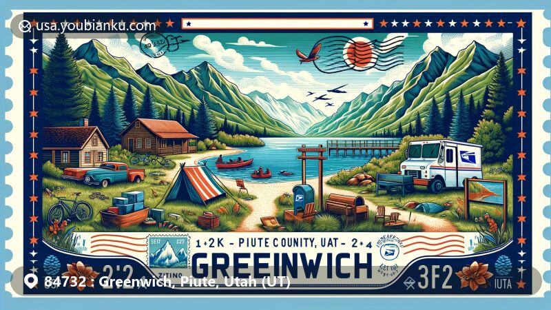 Modern illustration of Greenwich, Piute County, Utah, showcasing postal theme with ZIP code 84732, featuring natural beauty, mountains, lakes, camping, hiking, biking, fishing, post office, mailbox, and postal truck.