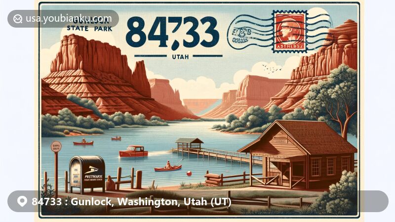 Vintage postcard-style illustration of Gunlock, Utah, showcasing red rock landscapes, clear blue waters of Gunlock State Park, and postal theme with ZIP code 84733.
