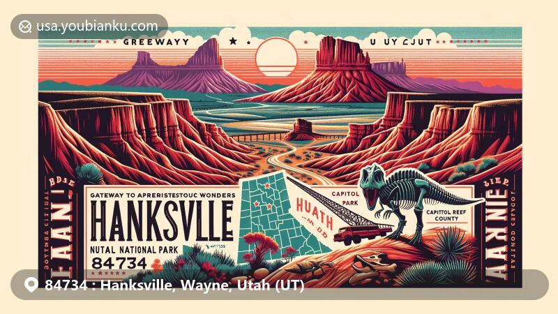 Modern illustration of Hanksville, Utah, 84734, showcasing vibrant gateway to adventure and prehistoric wonders, with Capitol Reef National Park's red rock formations and Hanksville-Burpee Dinosaur Quarry.