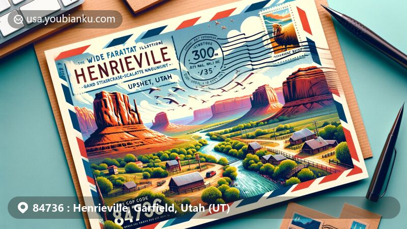 Modern illustration of Henrieville, Garfield County, Utah, showcasing postal theme with ZIP code 84736, featuring Grand Staircase-Escalante National Monument, Kodachrome Basin State Park, and Promise Rock.