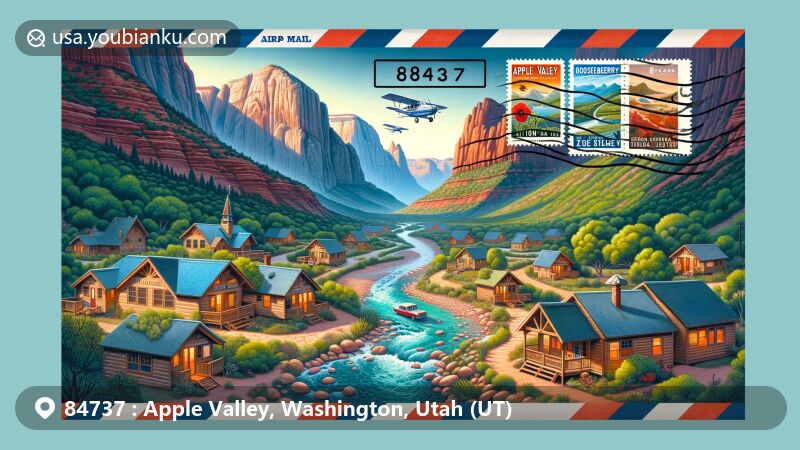 Modern illustration of Apple Valley, Utah, with ZIP code 84737, blending Water Canyon's natural beauty and Gooseberry Lodges' rustic charm, featuring postal themes and Utah state symbols.