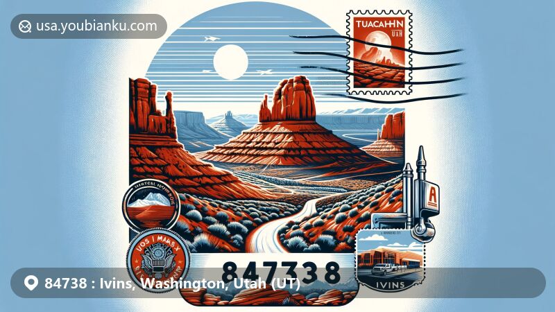 Modern illustration of Ivins, Utah, blending postal elements with Snow Canyon State Park and Tuacahn Amphitheatre, featuring '84738' ZIP code and red rock formations.