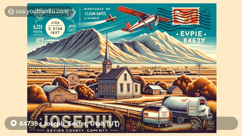 Modern illustration of Joseph, Sevier County, Utah, showcasing postal theme with ZIP code 84739, featuring town's elevation (5,436 feet), founding year (1871), and naming after Joseph Angell Young.