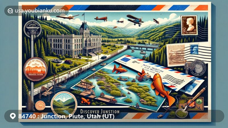 Modern illustration of Junction, Piute County, Utah, featuring a detailed postcard with landmarks like Piute County Courthouse, Piute Reservoir for trophy fishing, and Sevier Plateau, accompanied by postal elements and a vintage postal stamp displaying ZIP code 84740.